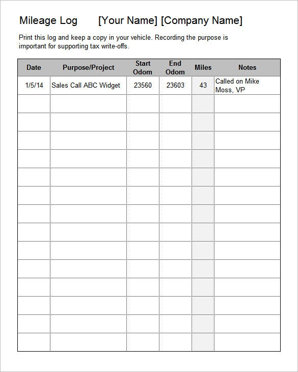Mileage Log Sheet Excel