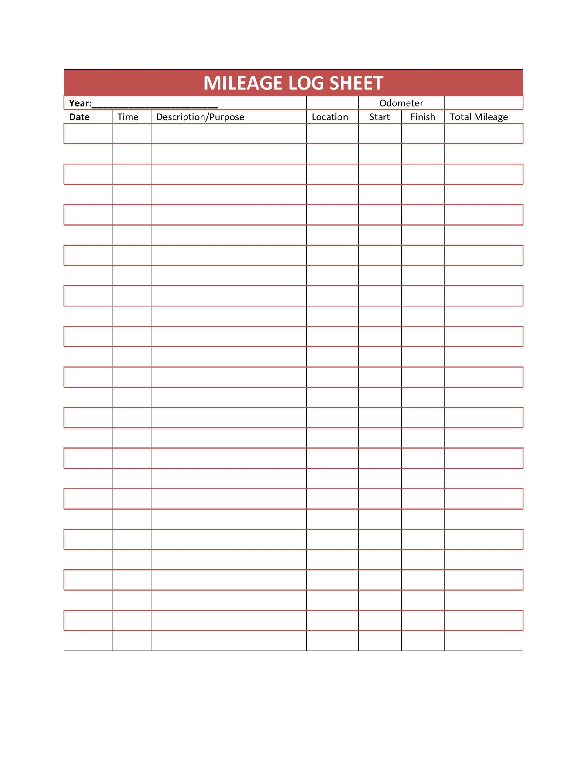 Printable Mileage Log Sheet Template