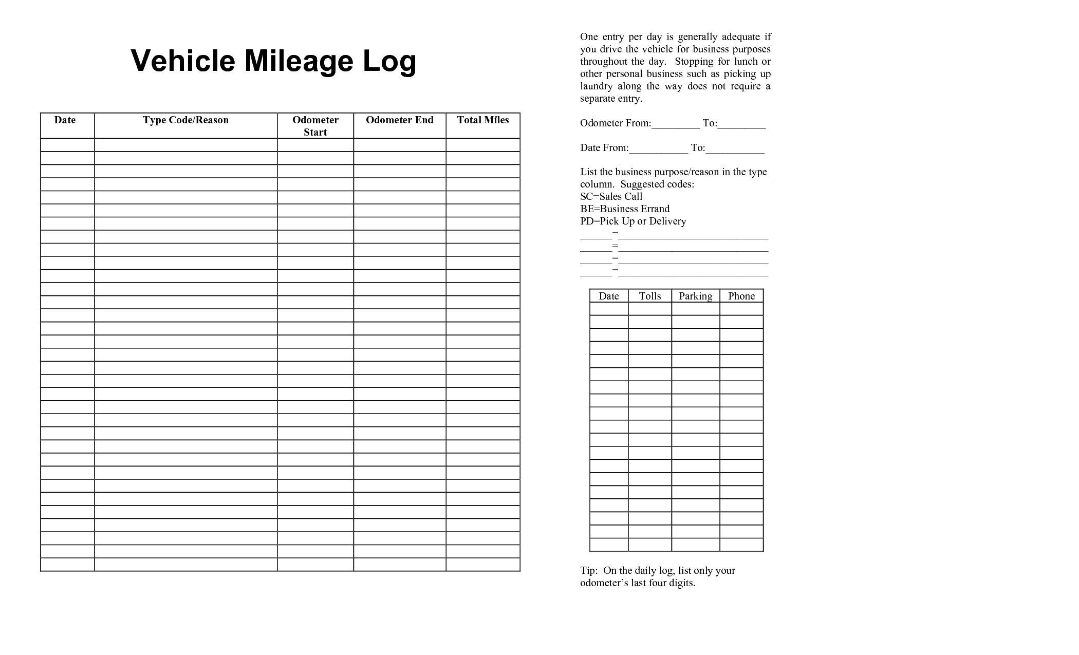Vehicle Mileage Log Sheet